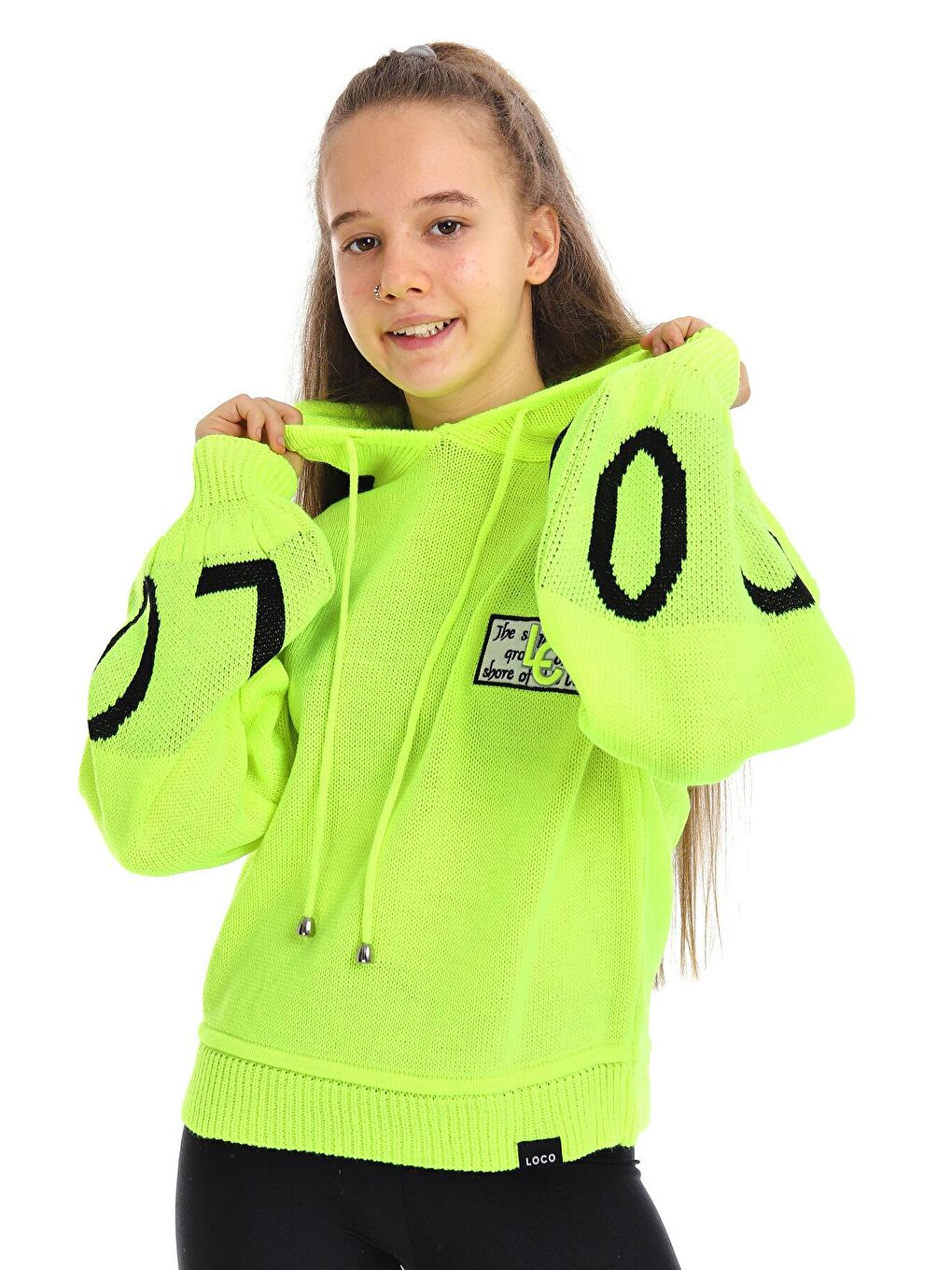 Sarı Kız Çocuk Yazı Nakışlı Yün Örme Triko Sweatshirt 14186