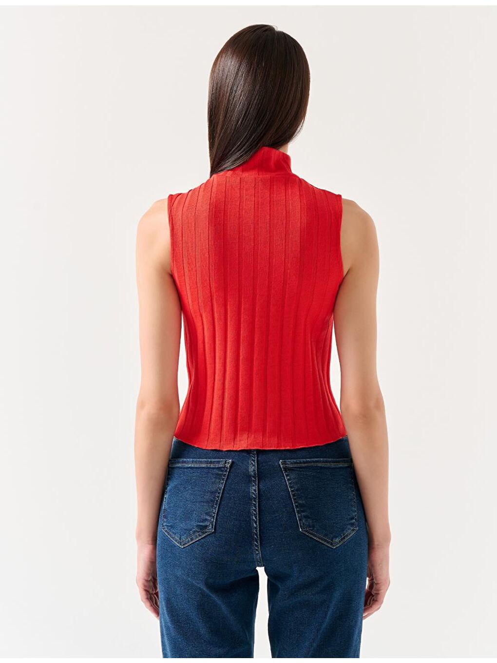 Turuncu Dar Kesim Balıkçı Yaka Kolsuz Örme Bluz-3