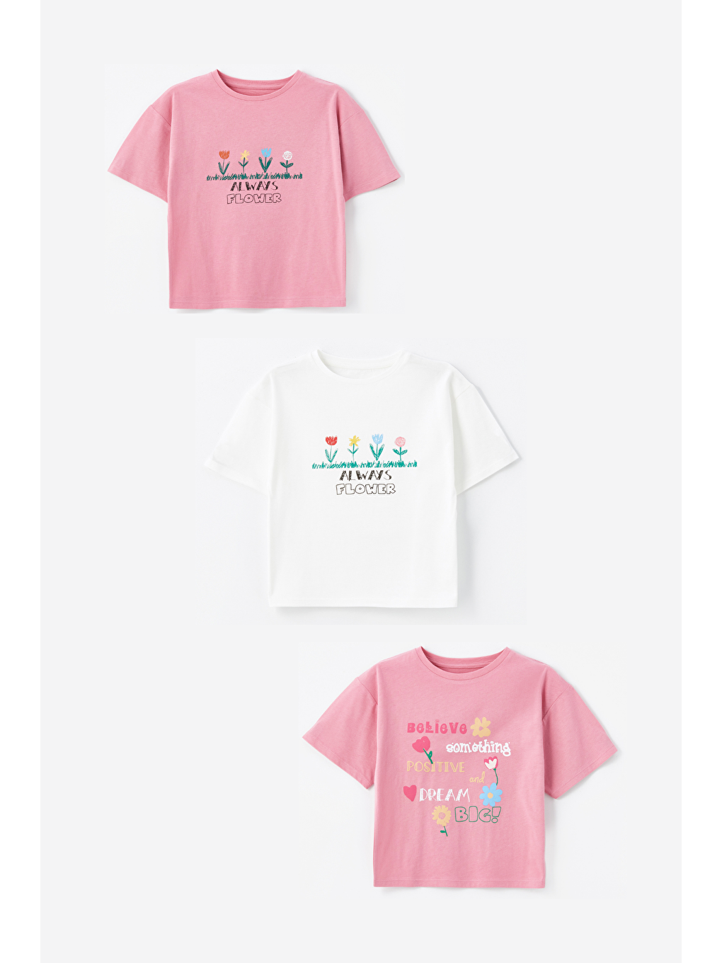 Dexia Pembe-Beyaz 3' lü Set - Örme Baskı Detaylı Tshirt