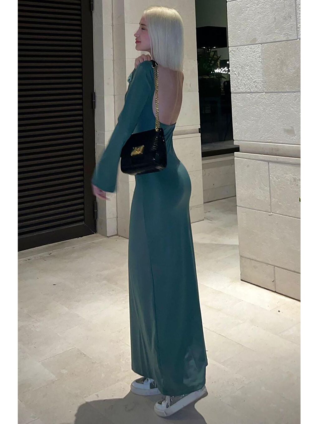 Yeşil Kayık Yaka Sırt Detaylı Maxi Uzun Elbise Mg1993-1