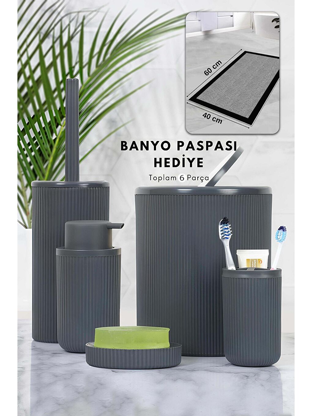 Gri 5'li Banyo Seti,Banyo Dekorasyonu İçin Beşli Set,Paspas Hediyeli