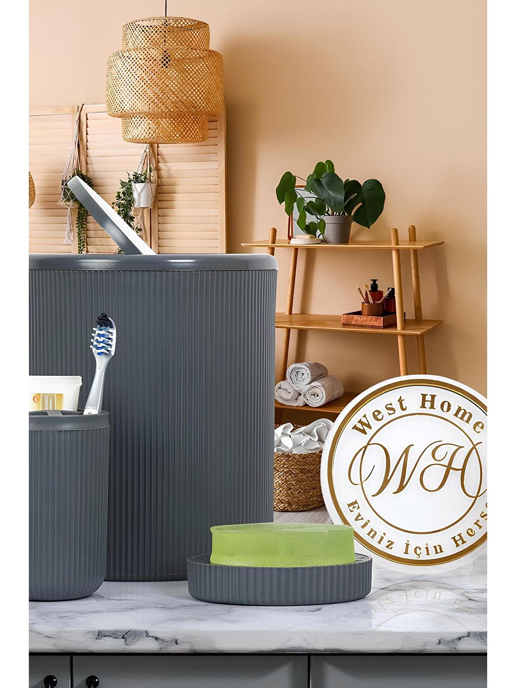 Gri 5'li Banyo Seti,Banyo Dekorasyonu İçin Beşli Set,Paspas Hediyeli-1