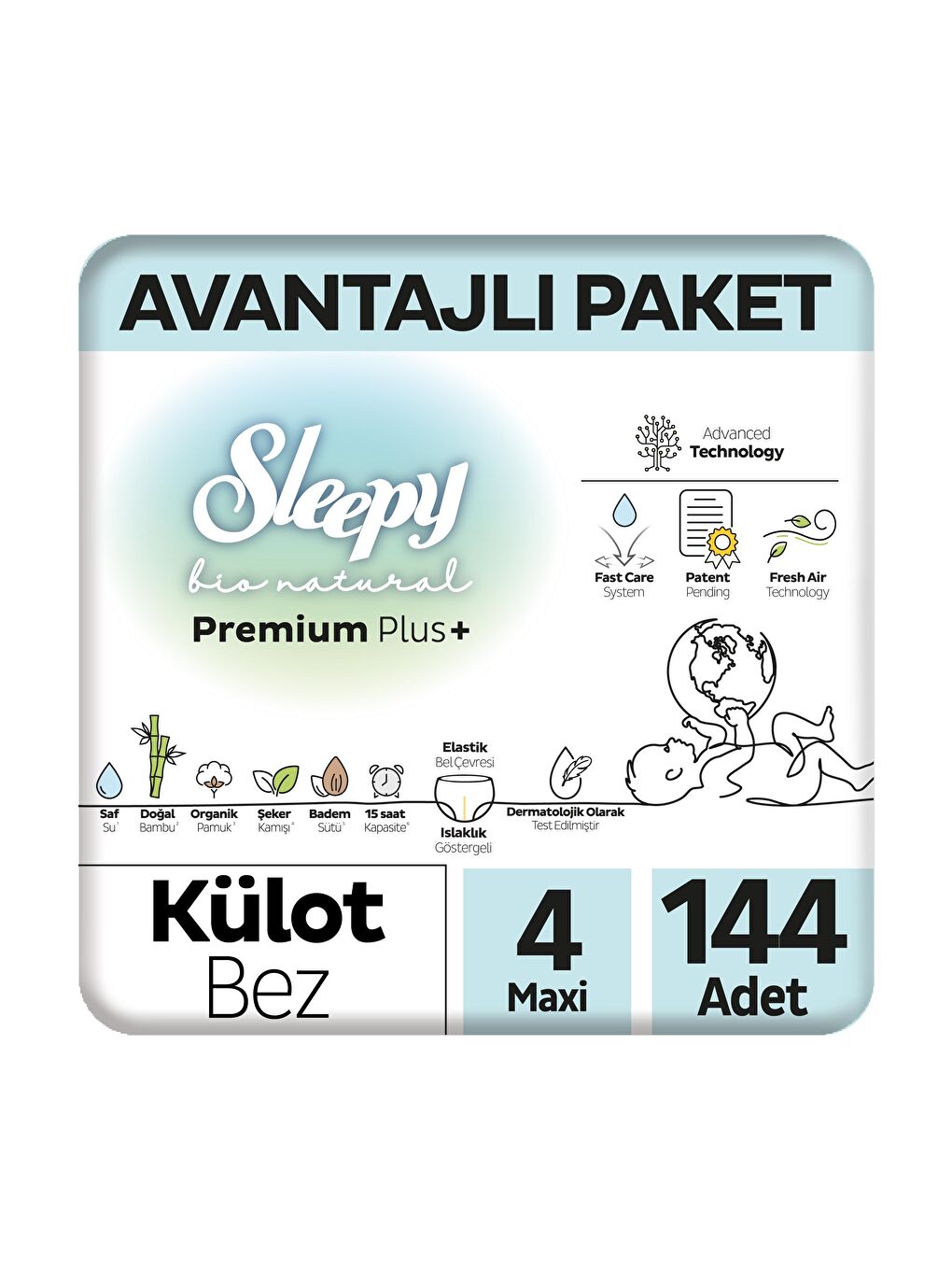 Sleepy Bio Natural Premium Plus Avantajlı Paket Külot Bez 4 Numara Maxi 144 Adet