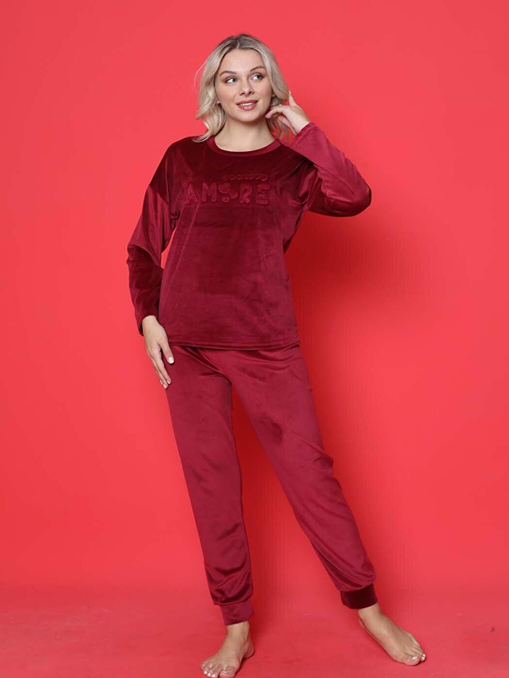 Bordo Genç Pijama Takımı Fransız Kadife Amore Baskılı Maça Manşet Kışlık Mevsimlik-3