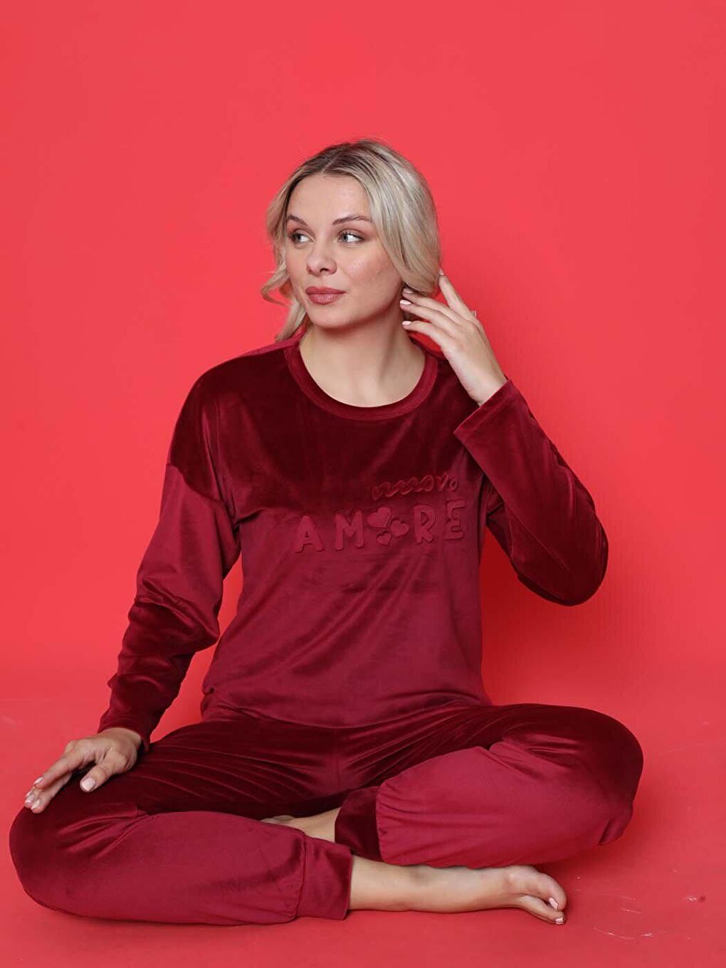 Bordo Genç Pijama Takımı Fransız Kadife Amore Baskılı Maça Manşet Kışlık Mevsimlik-5