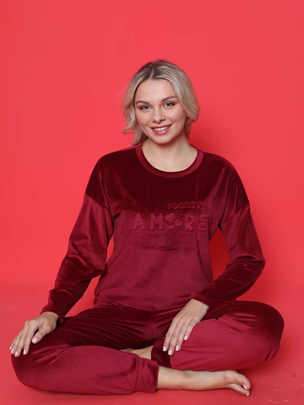 Bordo Genç Pijama Takımı Fransız Kadife Amore Baskılı Maça Manşet Kışlık Mevsimlik-6