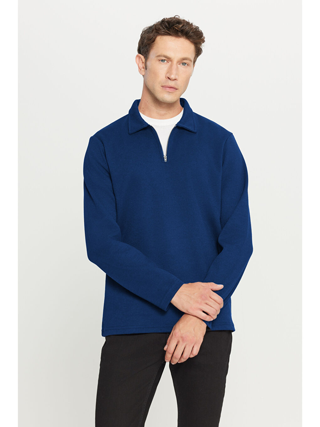 Erkek Lacivert Pamuklu Standart Fit Normal Kesim Polo Yaka Sweatshirt
