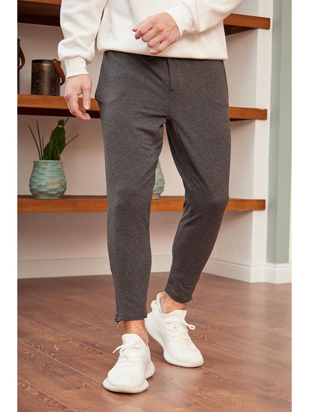 Fermuar Detaylı Jogger Erkek Jogger Eşofman Altı Antrasit-1