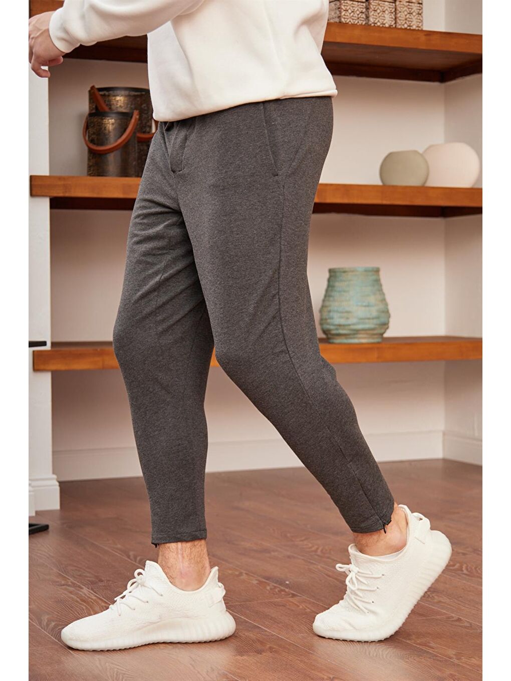 Fermuar Detaylı Jogger Erkek Jogger Eşofman Altı Antrasit-3