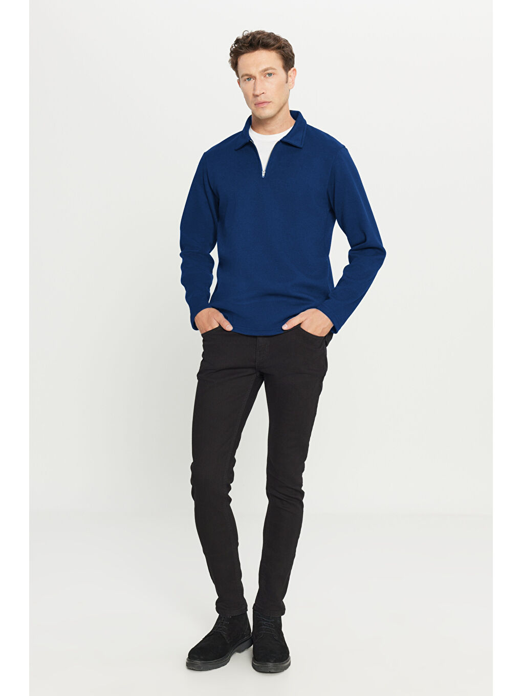 Erkek Lacivert Pamuklu Standart Fit Normal Kesim Polo Yaka Sweatshirt-1