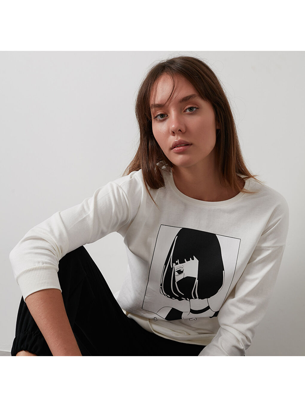 Ekru Pamuklu Baskılı Bisiklet Yaka Örme Tunik 5863849-6