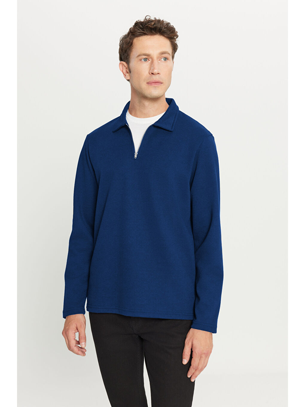 Erkek Lacivert Pamuklu Standart Fit Normal Kesim Polo Yaka Sweatshirt-2