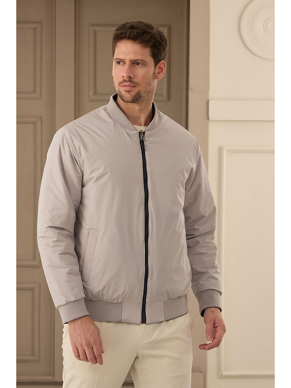 Bej Erkek Çift Taraflı Giyilebilir Kapitone Regular-Fit Kalıp Su Geçirmez Mont-1