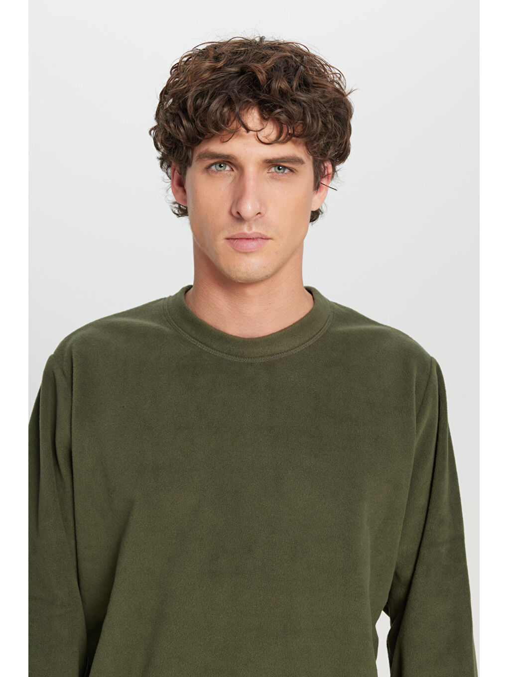 Erkek Haki Standart Fit Normal Kesim Bisiklet Yaka Sweatshirt Polar-3