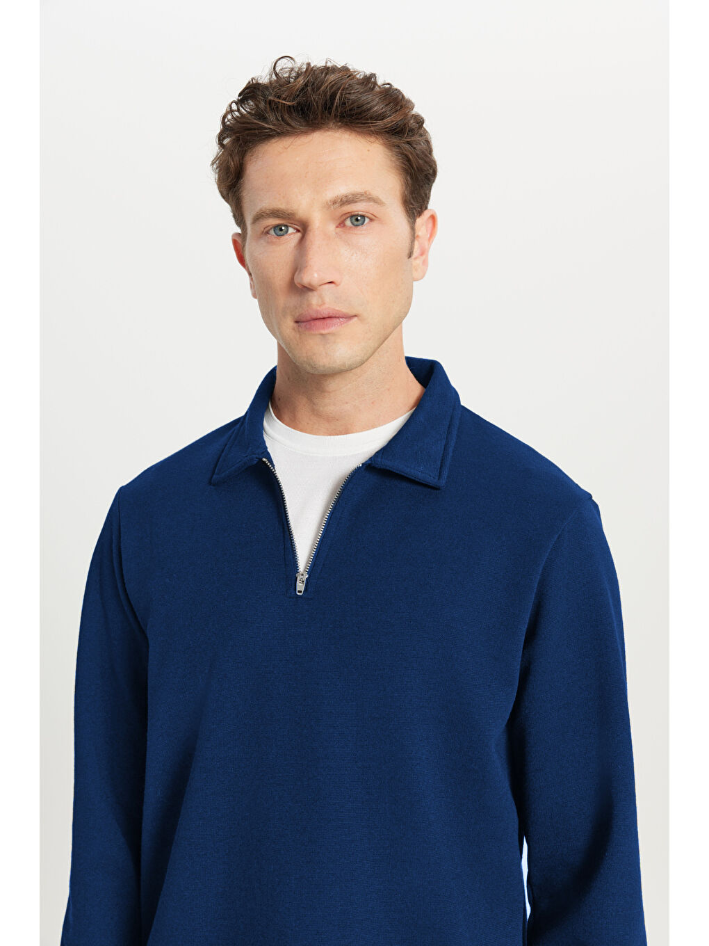 Erkek Lacivert Pamuklu Standart Fit Normal Kesim Polo Yaka Sweatshirt-3