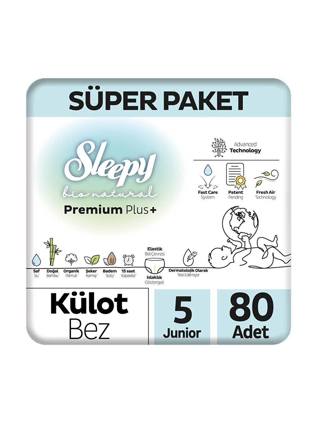 Sleepy Bio Natural Premium Plus Süper Paket Külot Bez 5 Numara Junior 80 Adet