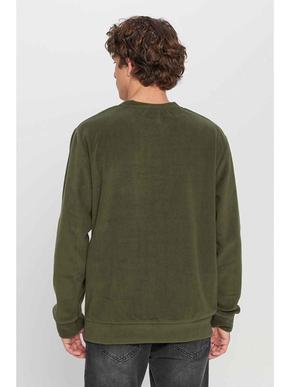 Erkek Haki Standart Fit Normal Kesim Bisiklet Yaka Sweatshirt Polar-4