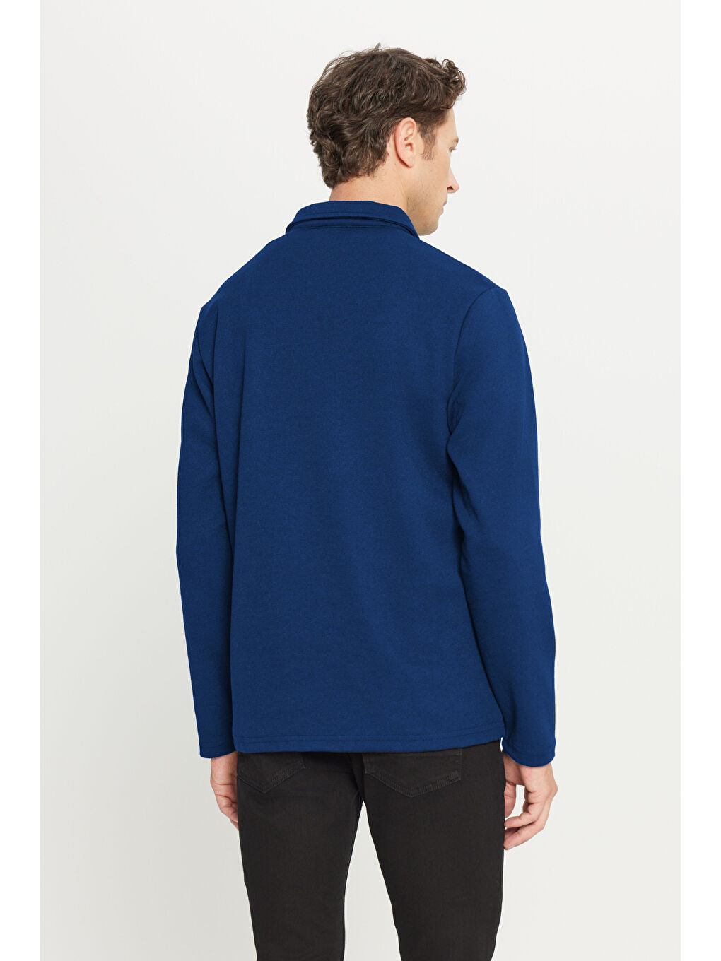 Erkek Lacivert Pamuklu Standart Fit Normal Kesim Polo Yaka Sweatshirt-4