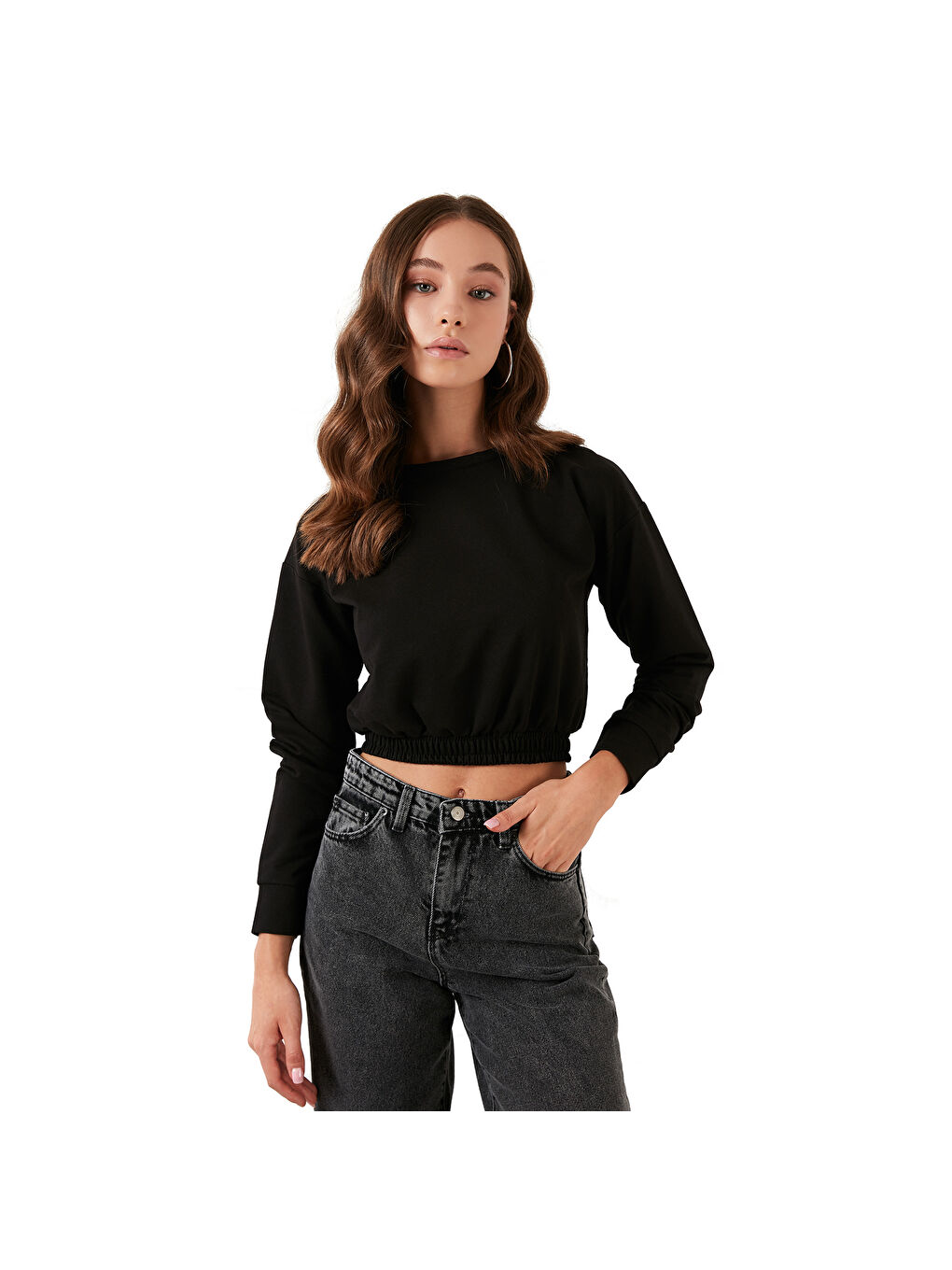 Siyah Bisiklet Yaka Beli Lastikli Crop Örme Kadın Sweat 5863822-5