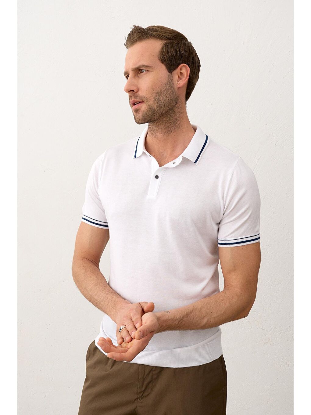 Erkek Yazlık Triko Polo Yaka Tişört Beyaz