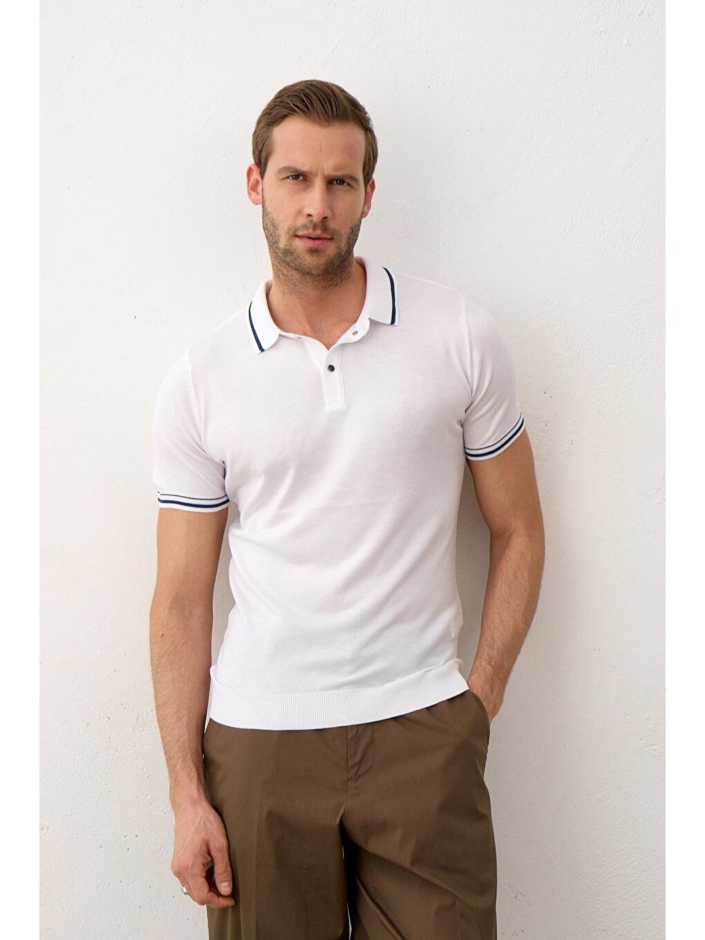 Erkek Yazlık Triko Polo Yaka Tişört Beyaz-1