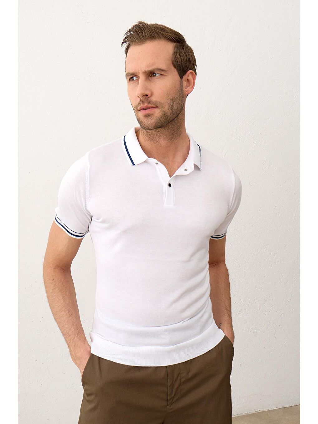 Erkek Yazlık Triko Polo Yaka Tişört Beyaz-2