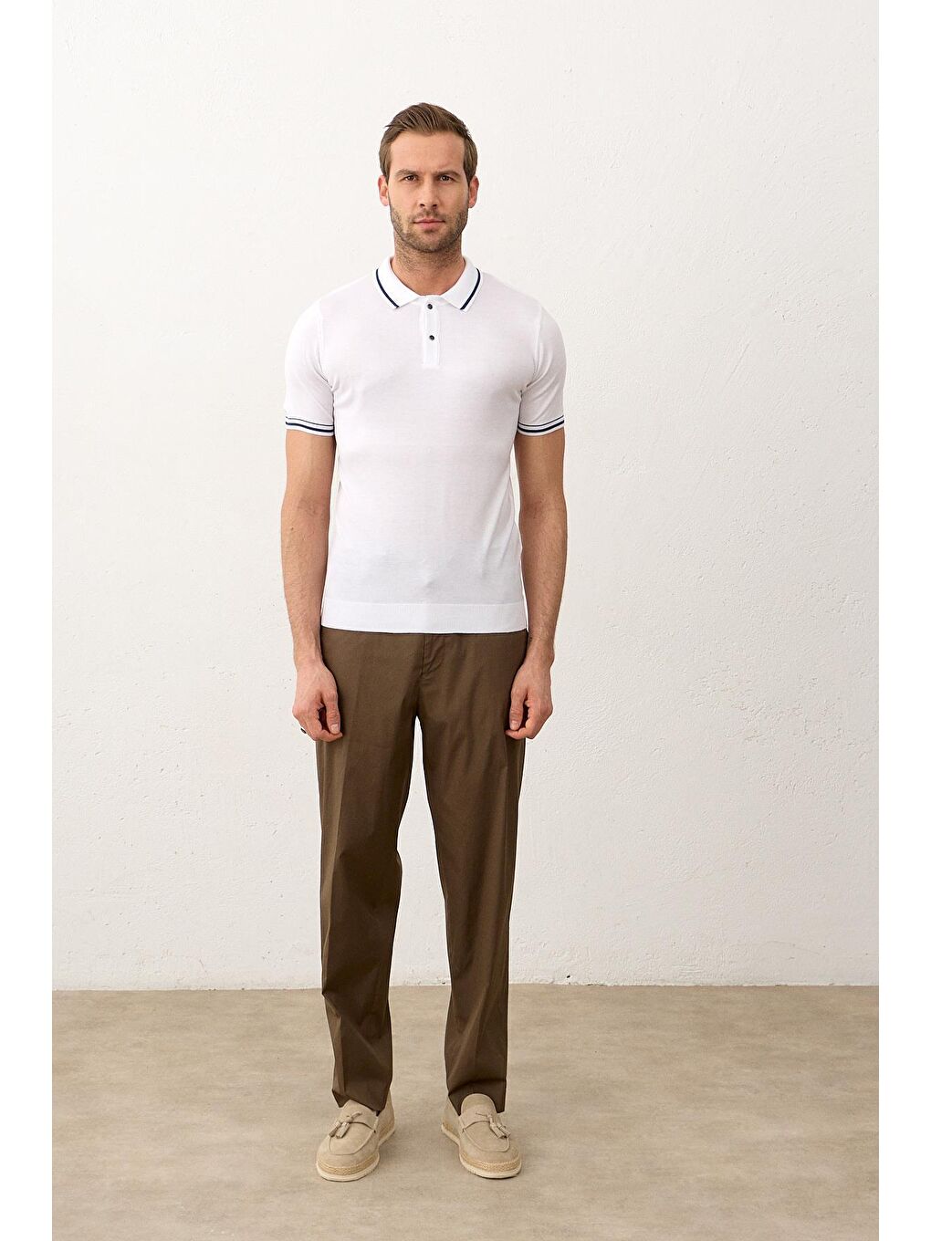 Erkek Yazlık Triko Polo Yaka Tişört Beyaz-4