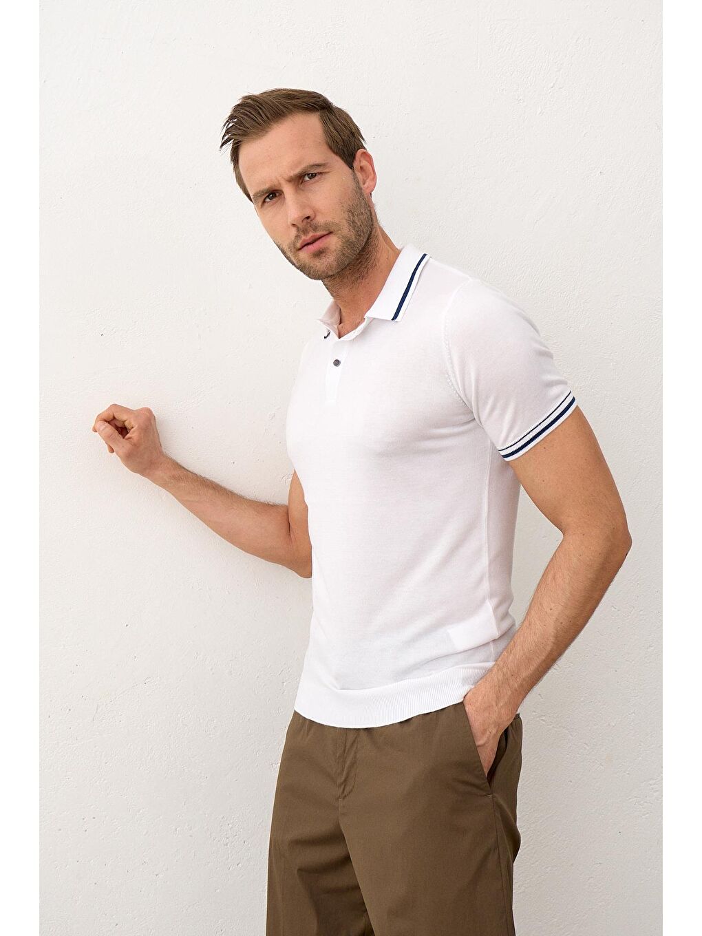 Erkek Yazlık Triko Polo Yaka Tişört Beyaz-5