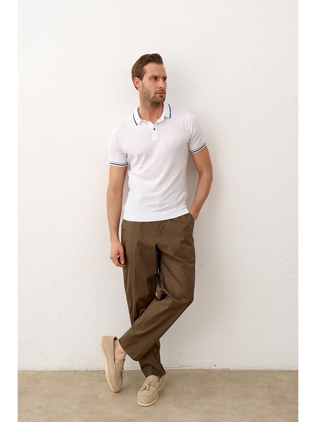 Erkek Yazlık Triko Polo Yaka Tişört Beyaz-6