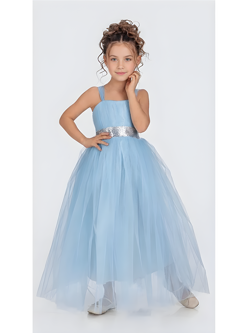 Turkuaz Sırt Gipeli Tütü Etek Kız Çocuk Saten Parti Abiye Elbise MNK0340-3