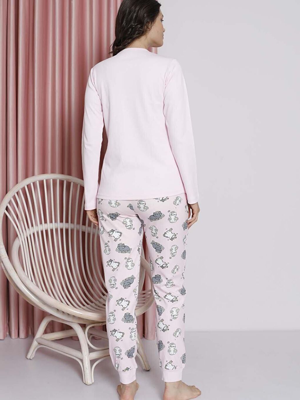 Pembe Kadın Pijama Takımı Genç İnterlok Kedi Desenli Paça Ribanalı Pamuklu Mevsimlik-6