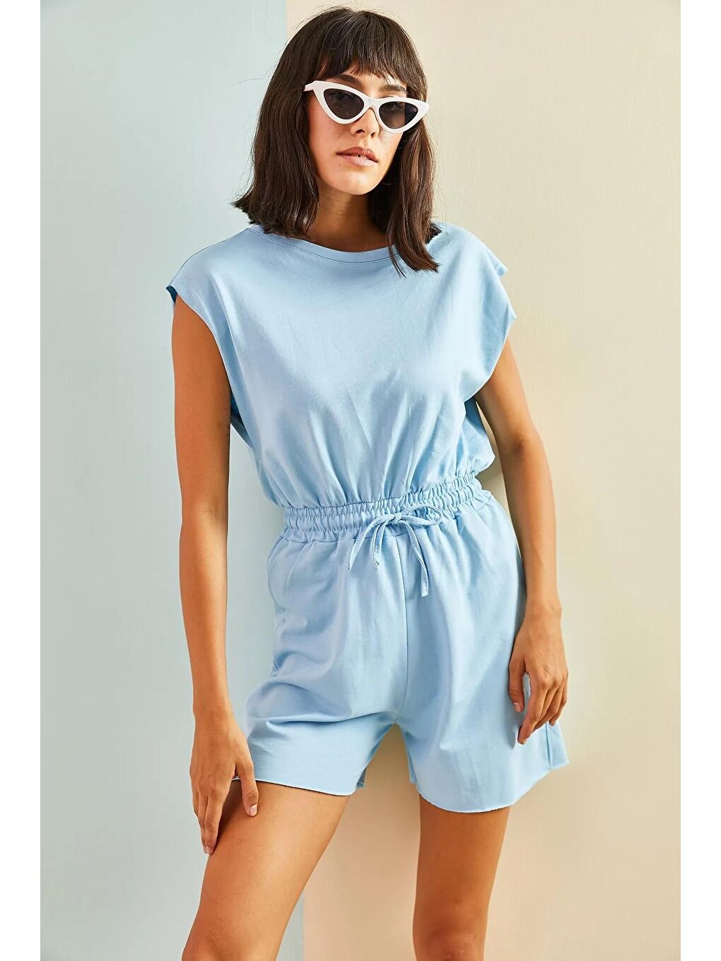 Mavi Kadın Sırt Dekolteli Büzgülü Şortlu Tulum-2