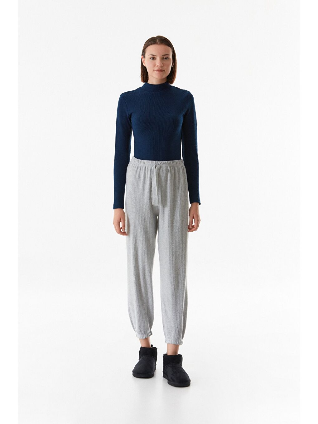 Gri Fitilli Beli Lastikli Jogger Pantolon