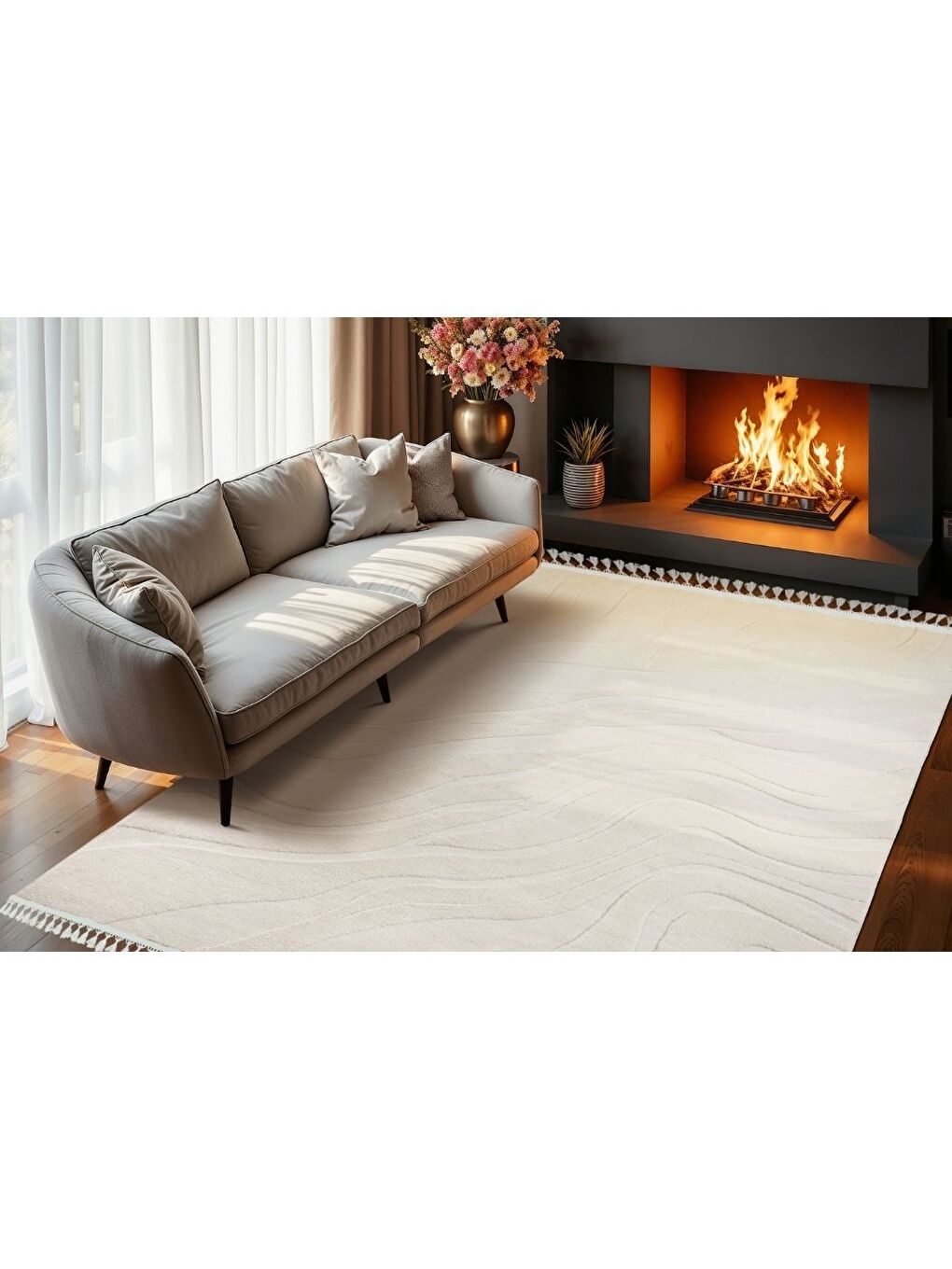 Alaçatı Püsküllü Kaymaz Taban Halı 150x230 Lorey Açık Bej