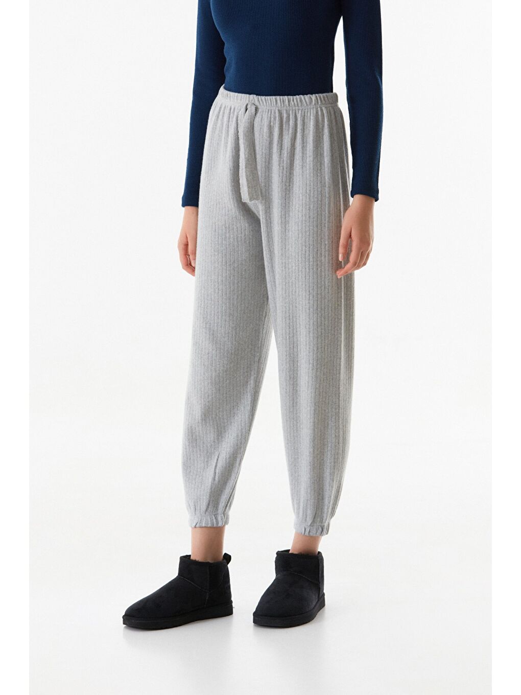 Gri Fitilli Beli Lastikli Jogger Pantolon-2