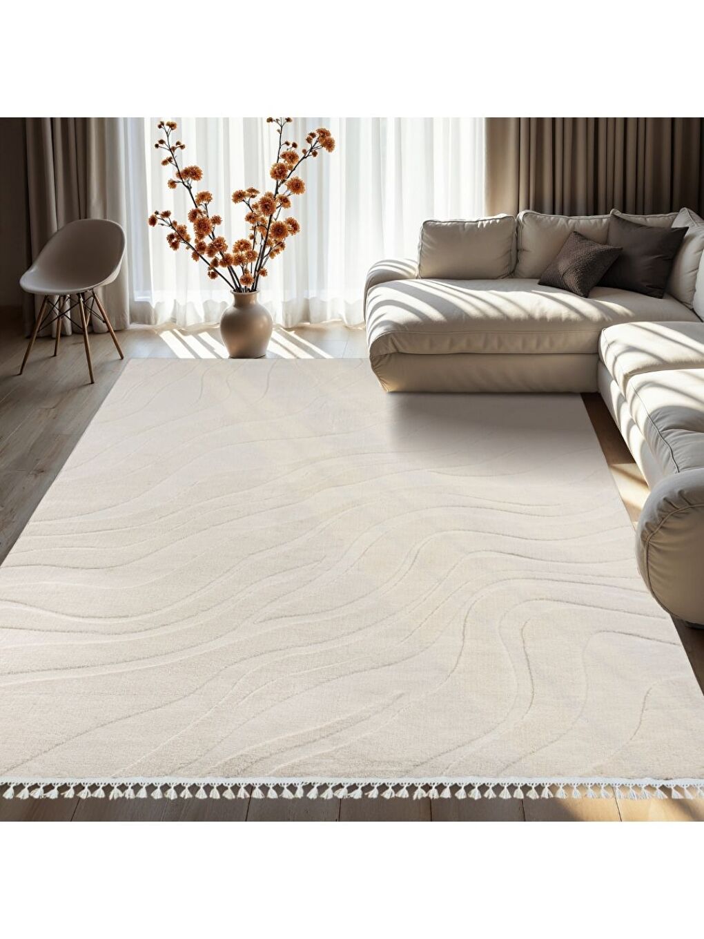 Alaçatı Püsküllü Kaymaz Taban Halı 150x230 Lorey Açık Bej-1