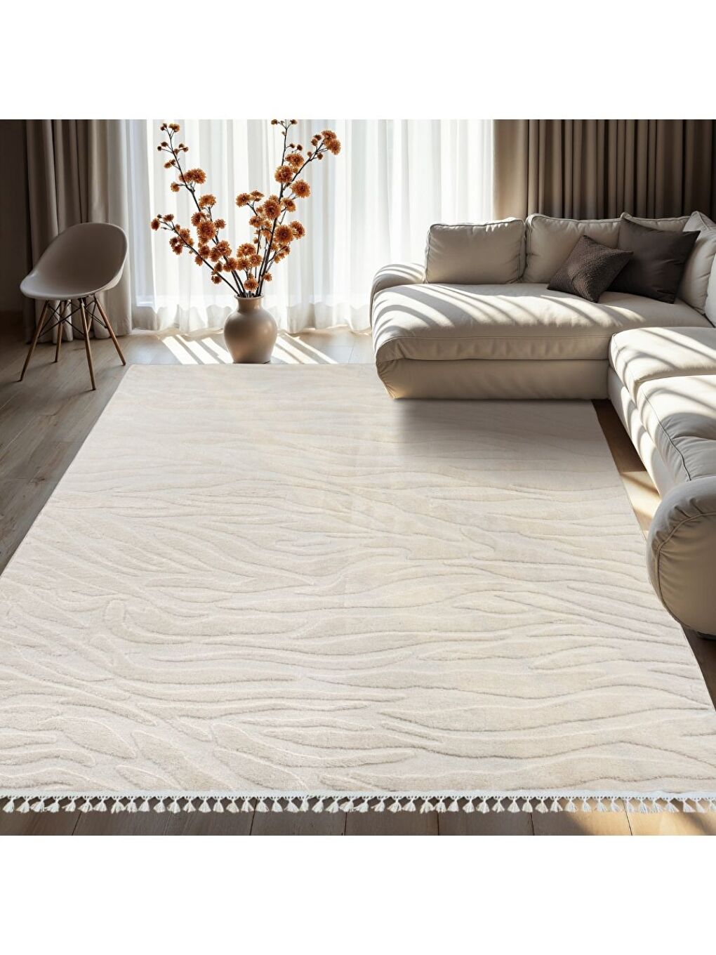 Alaçatı Püsküllü Kaymaz Taban Halı 150x230 Hex Açık Bej-2