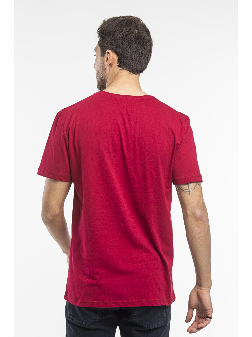 Bordo Erkek V Yaka Slim Fit Brooklyn Baskılı Kısa Kollu Tişort SPR 265-1