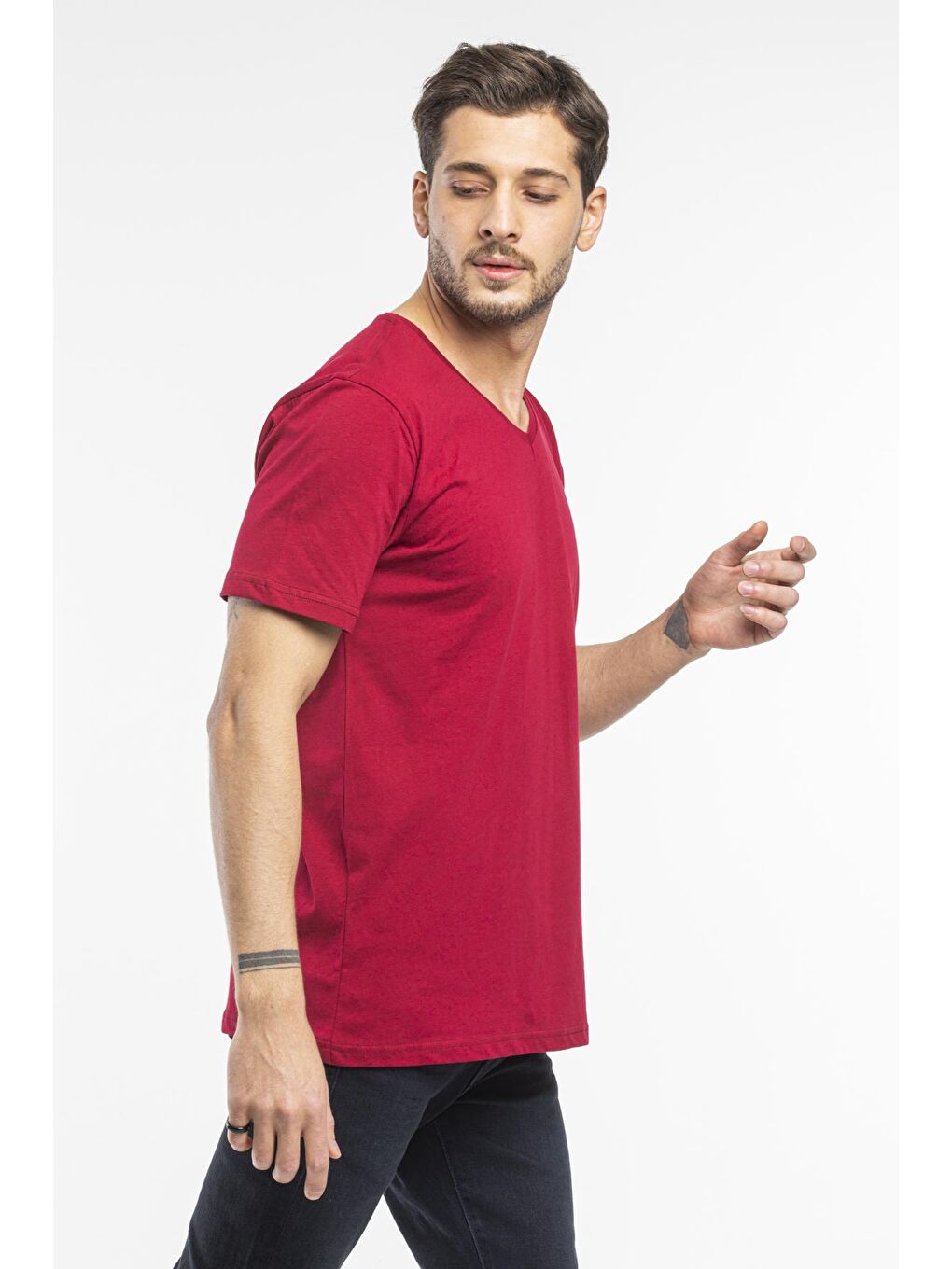 Bordo Erkek V Yaka Slim Fit Brooklyn Baskılı Kısa Kollu Tişort SPR 265-2