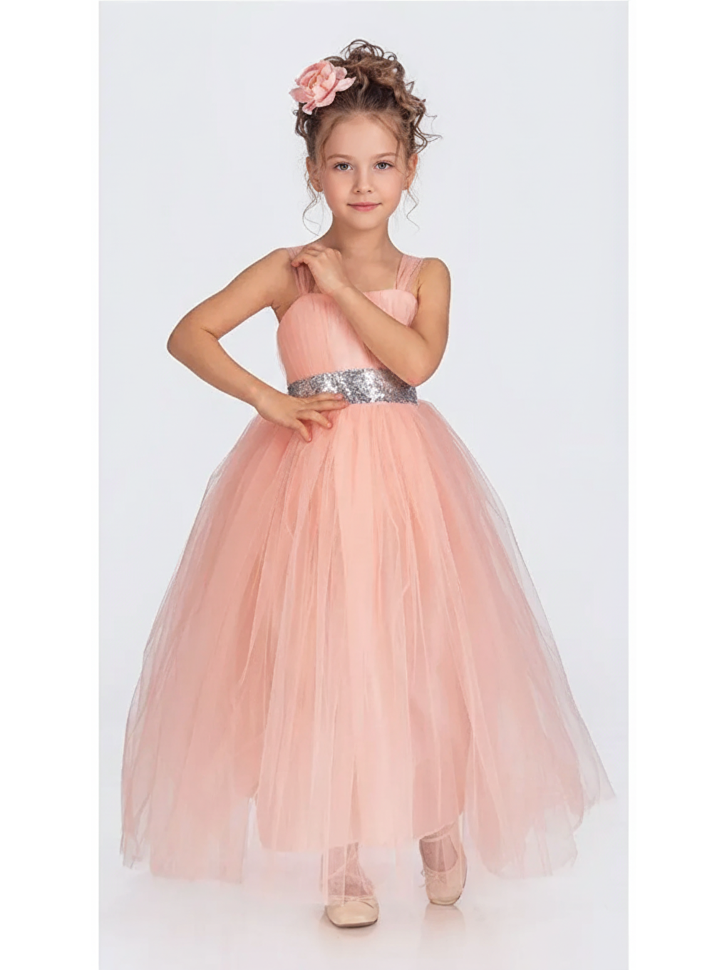 Pembe Sırt Gipeli Tütü Etek Kız Çocuk Saten Parti Abiye Elbise MNK0340