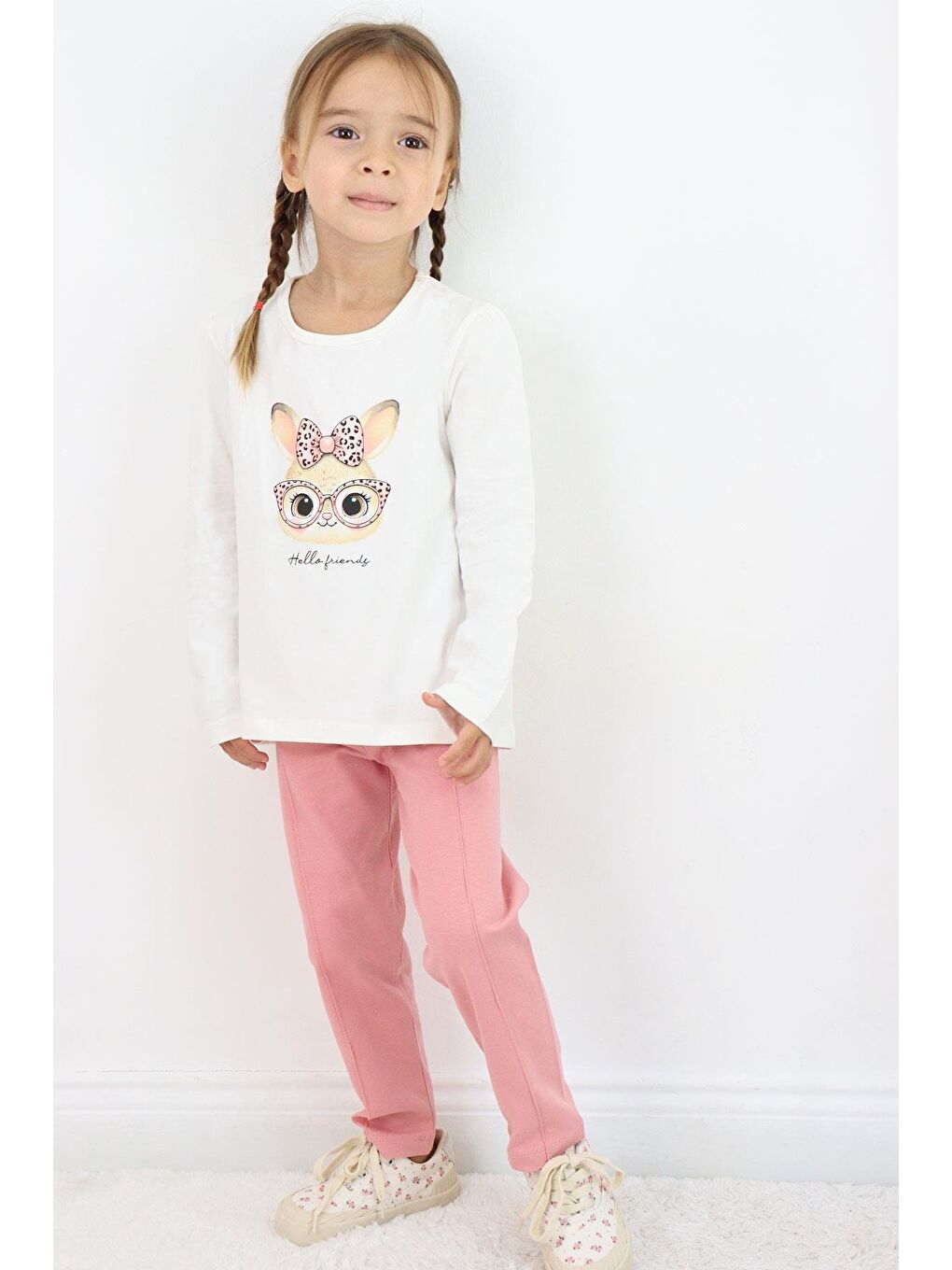 Kız Çocuk Taytlı Takım Sevimli Gözlüklü Tavşancık Ekru (2-4 Yaş)