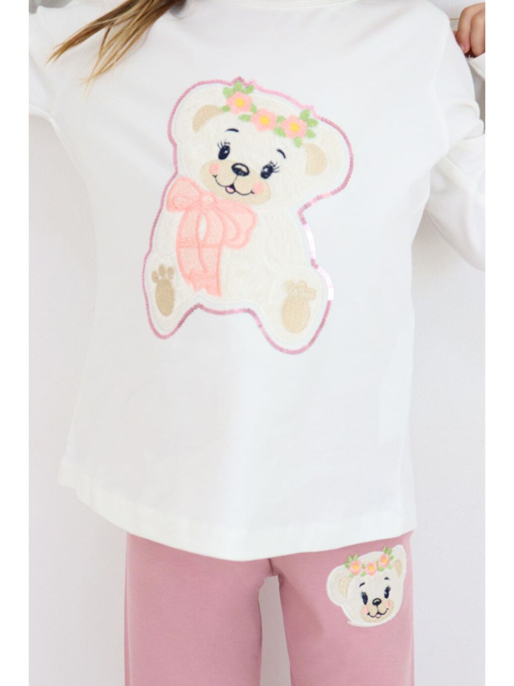 Kız Çocuk Taytlı Takım Sevimli Ayıcık Nakışlı Pullu Ekru (1.5-4 Yaş)-2
