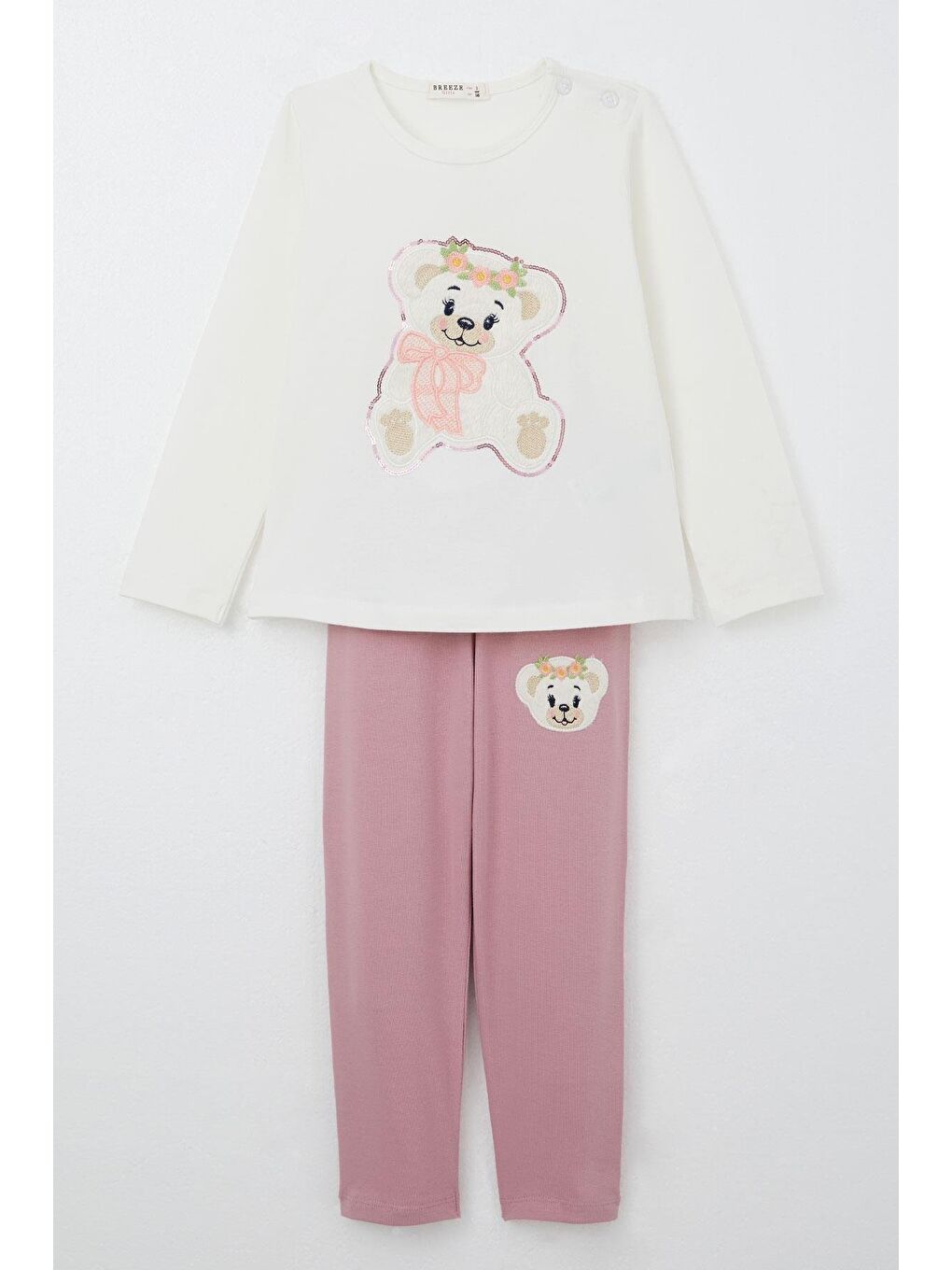 Kız Çocuk Taytlı Takım Sevimli Ayıcık Nakışlı Pullu Ekru (1.5-4 Yaş)-3