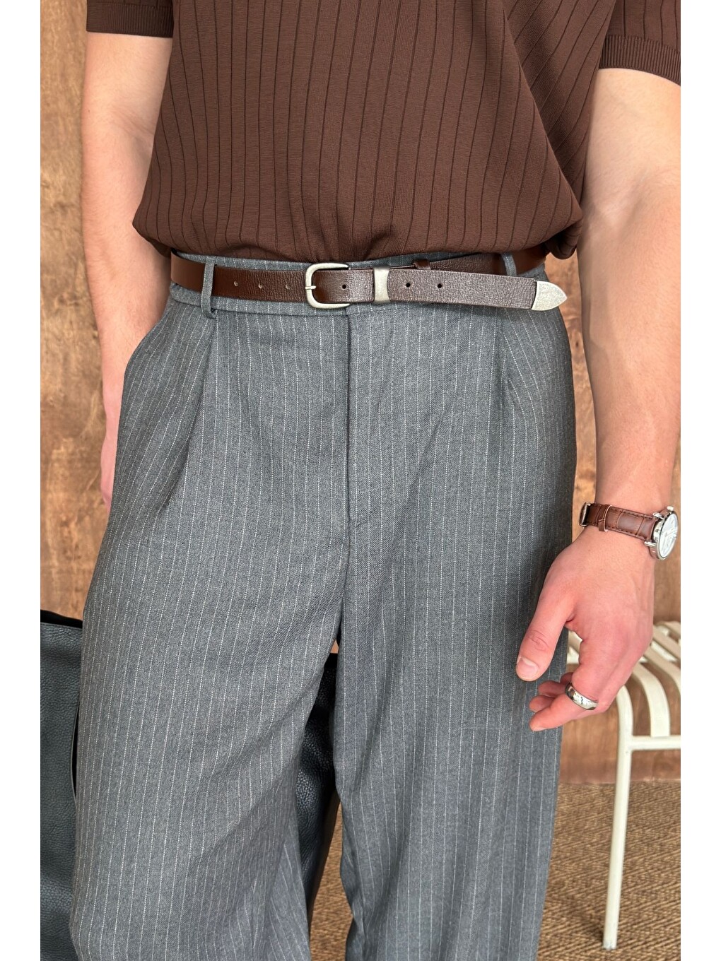 Kahverengi Erkek Vintage Ucu Metal Detaylı Deri Kemer-1