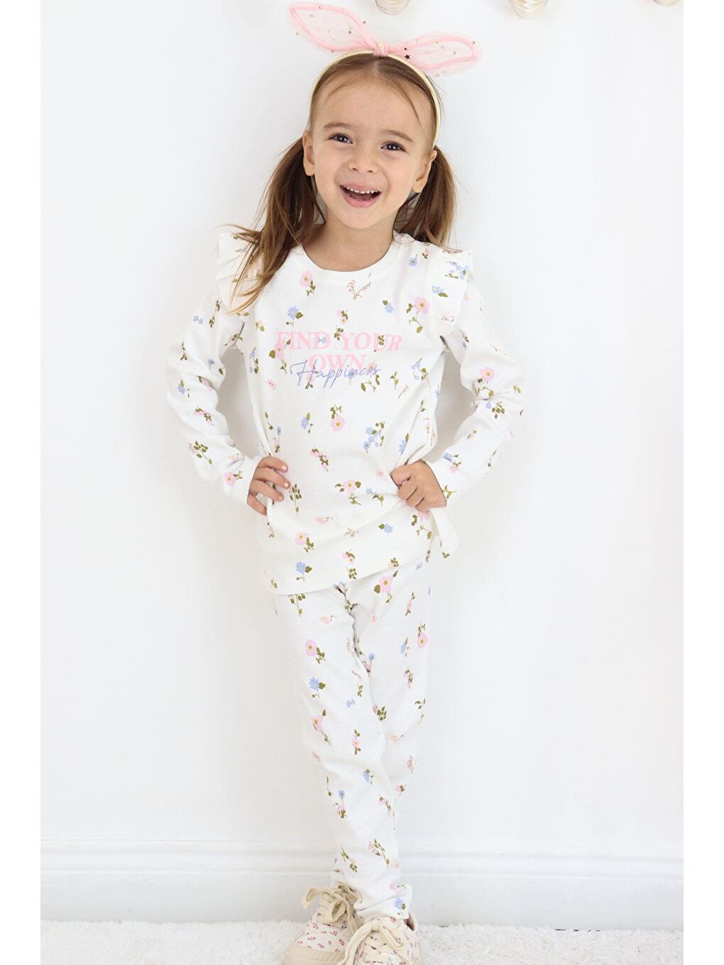 Kız Çocuk Taytlı Takım Renkli Çiçek Desenli Omuzu Fırfırlı Ekru (2-6 Yaş)