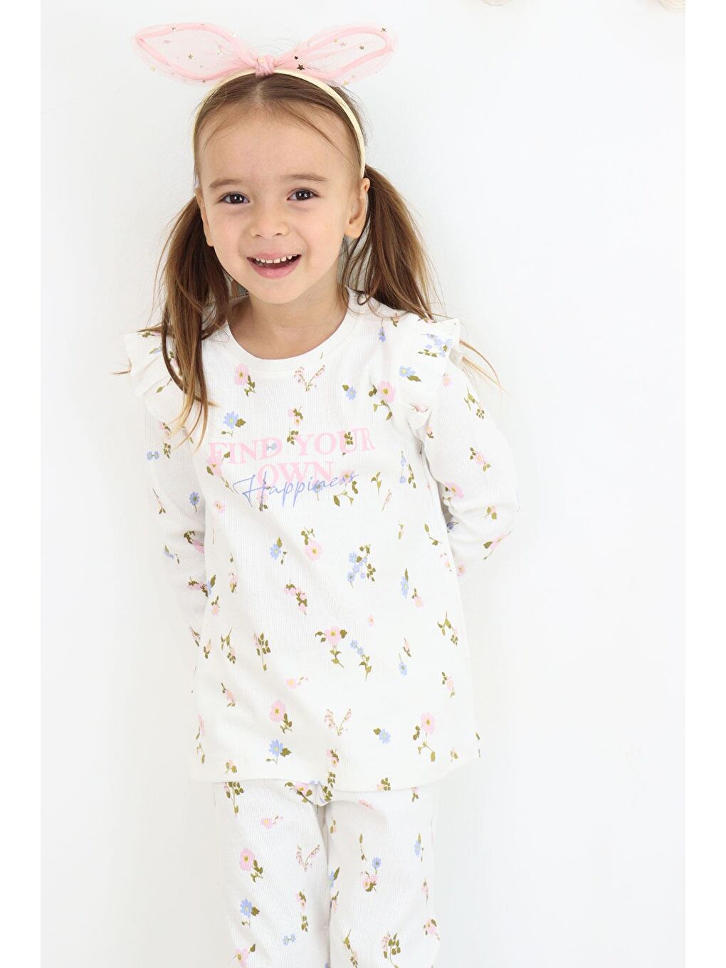 Kız Çocuk Taytlı Takım Renkli Çiçek Desenli Omuzu Fırfırlı Ekru (2-6 Yaş)-3