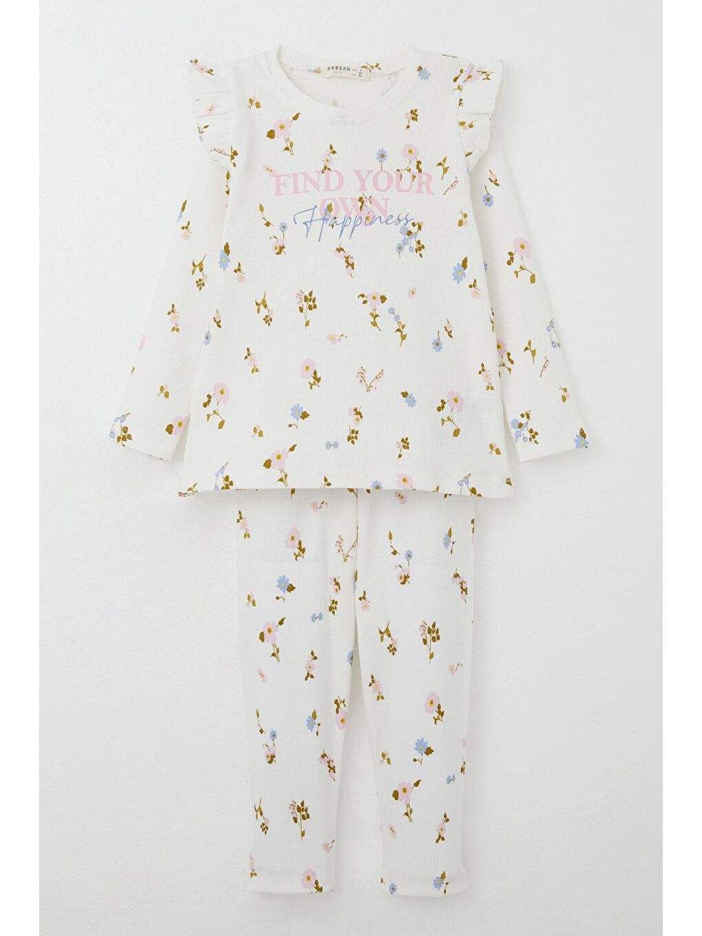 Kız Çocuk Taytlı Takım Renkli Çiçek Desenli Omuzu Fırfırlı Ekru (2-6 Yaş)-4