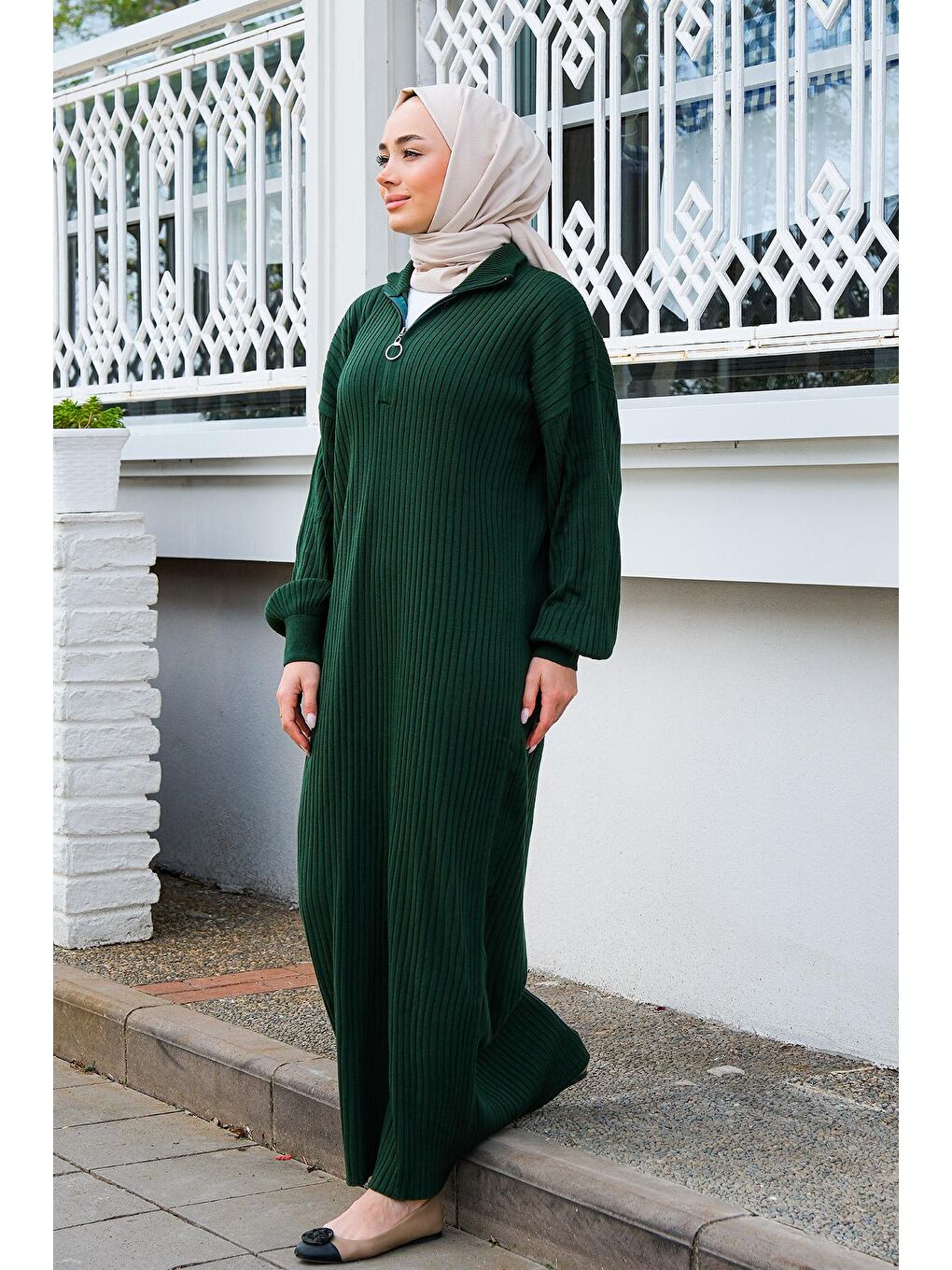 Önü Fermuarlı Triko Elbise Zümrüt Yeşil-2