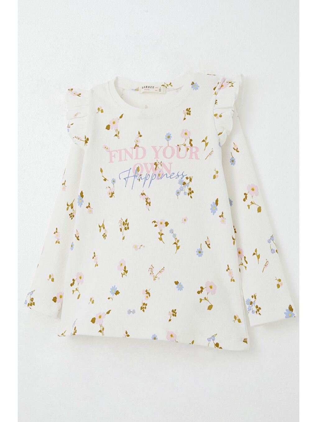 Kız Çocuk Taytlı Takım Renkli Çiçek Desenli Omuzu Fırfırlı Ekru (2-6 Yaş)-9