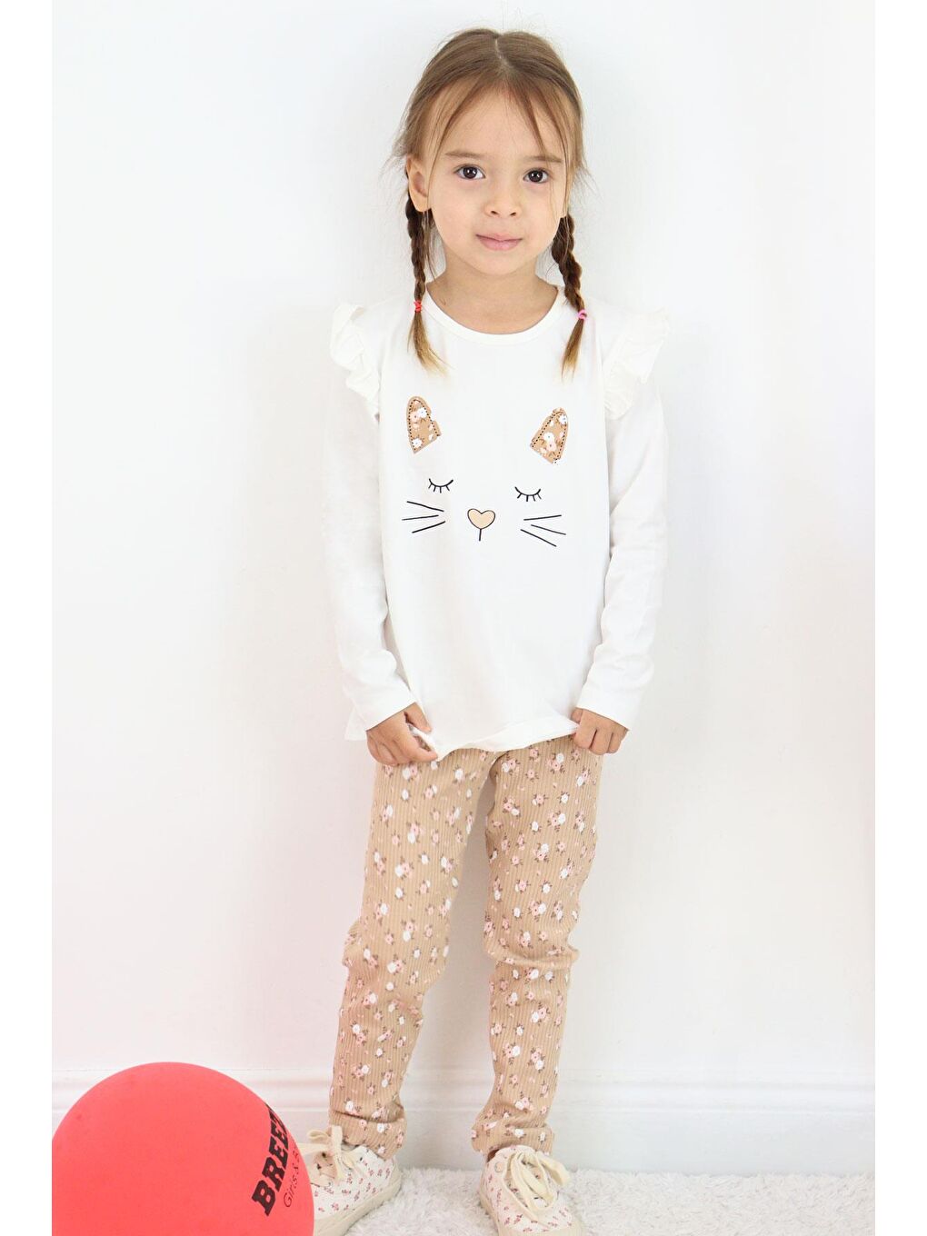 Kız Bebek Taytlı Takım Sevimli Hayvancık Baskılı Çiçekli Ekru (1.5 Yaş)